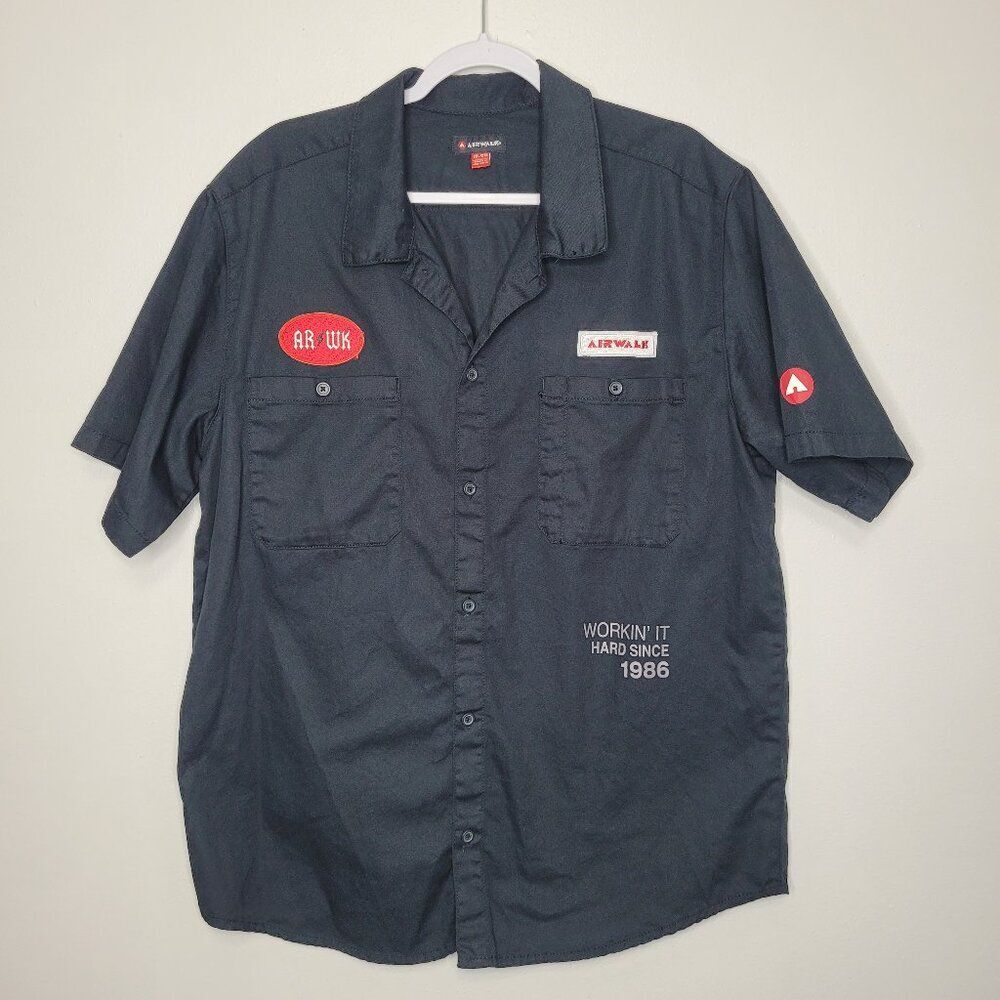 Airwalk men's utility button front black mechanics patch short sleeve top 2x